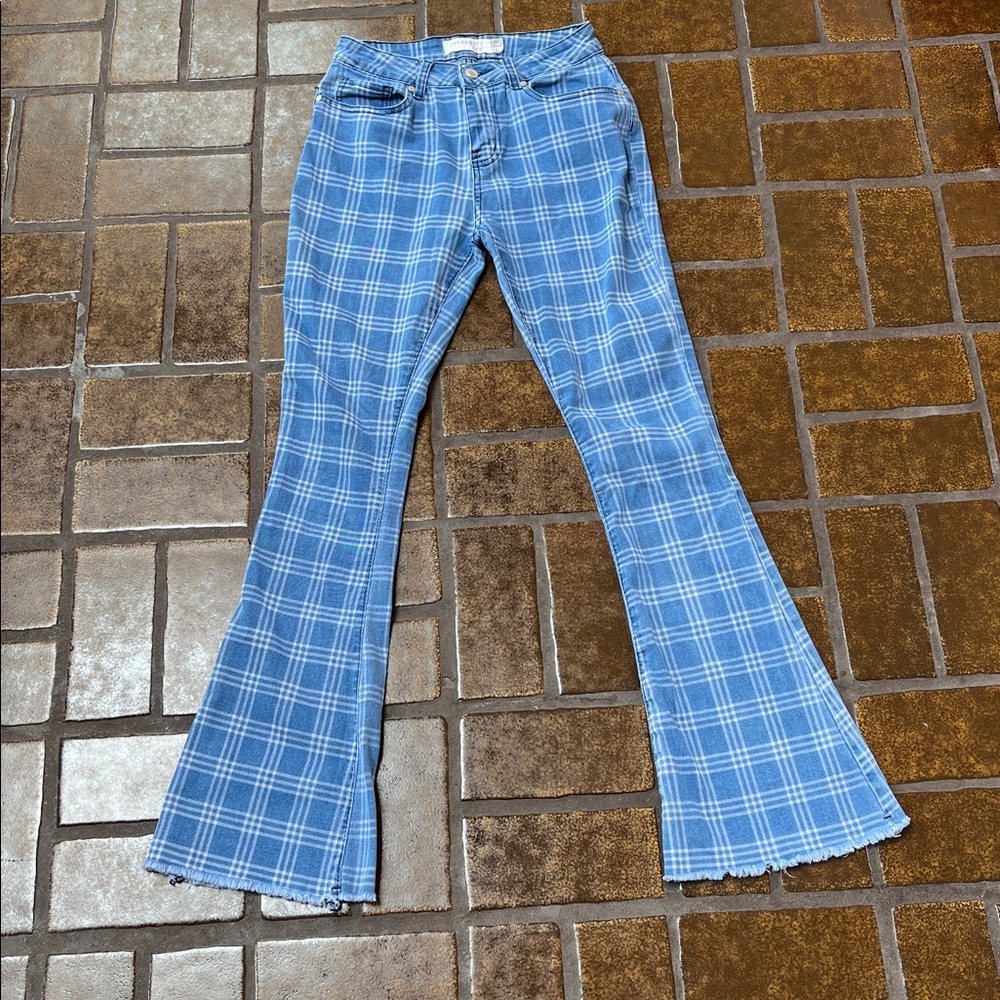 Celebrity Ace Blue Plaid High Rise Flare Leg Jean